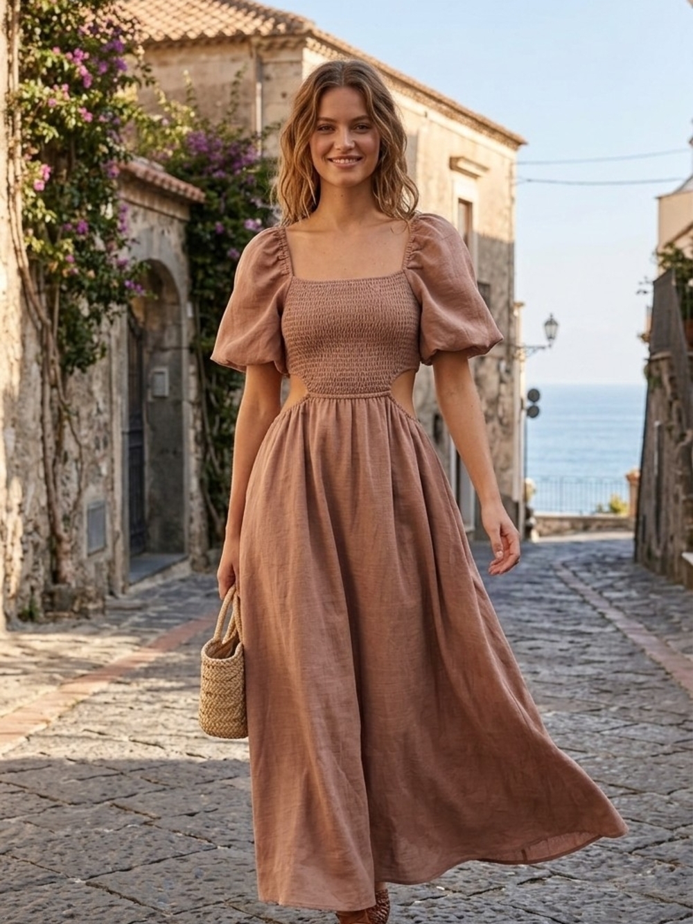 Indulge Mauve Puff-Sleeve Cutout Maxi Dress Made In INDIA